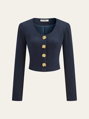 Commense Ribbed Crew Neck Metal Button Blouse NWT